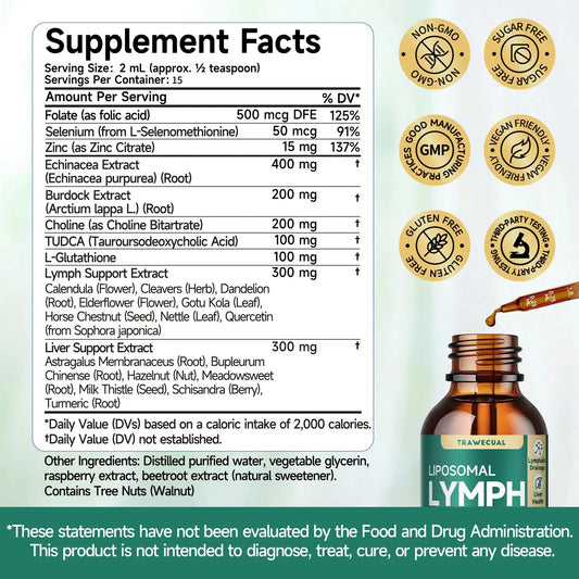 Trawecual Liposomal Lymphatic Support& Liver Cleanse Help Drops 23-In-1 for Detox & Immune Boost with Echinacea NAC TUDCA L-Glutathione Burdock Raspberry Flavor 2 Fl Oz - Natural, Healthcare Supplement Healthy