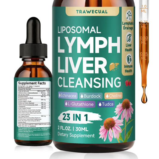 Trawecual Liposomal Lymphatic Support& Liver Cleanse Help Drops 23-In-1 for Detox & Immune Boost with Echinacea NAC TUDCA L-Glutathione Burdock Raspberry Flavor 2 Fl Oz - Natural, Healthcare Supplement Healthy